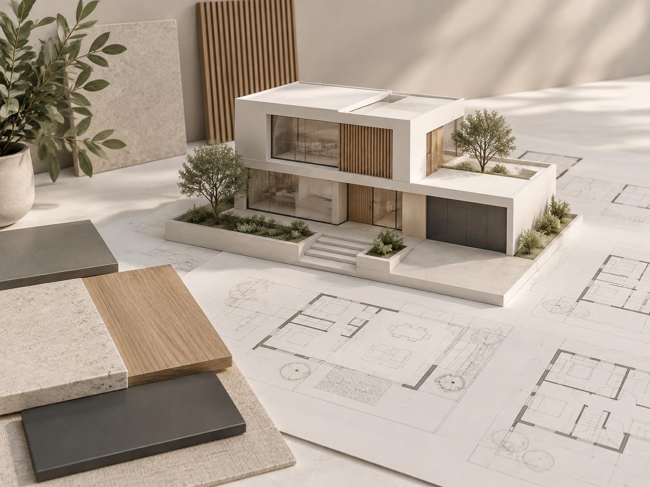 Konsep arsitektur modern: maket rumah minimalis di atas denah dan sampel material